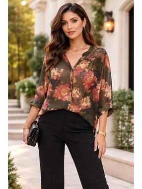 Fig & Flower Green Floral Paisley Print Roll Tab Sleeve Semi Sheer Top, 2X